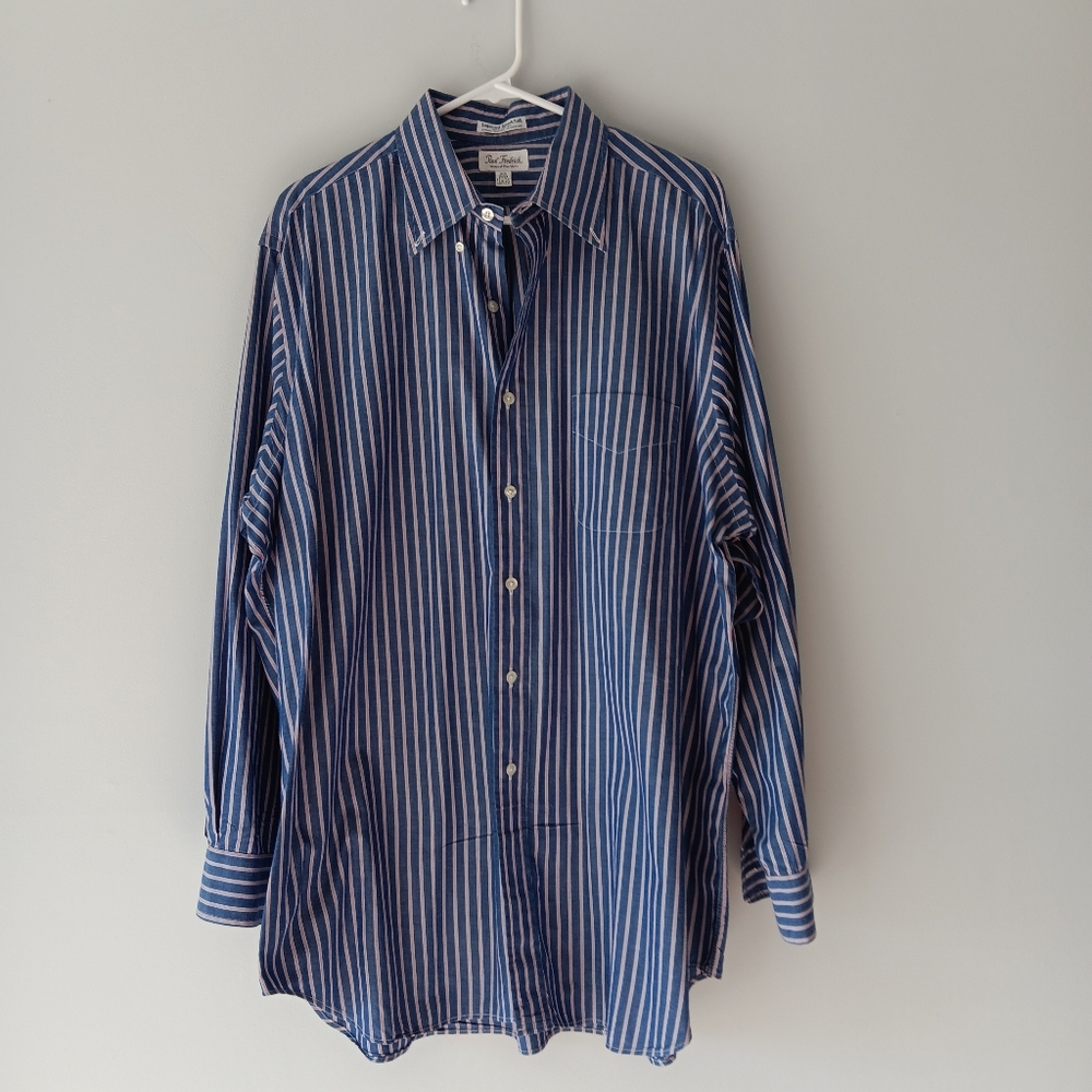 Paul Fredrick Button Down Striped Cotton Shirt Blue White Red 17.5 x 35 US Made